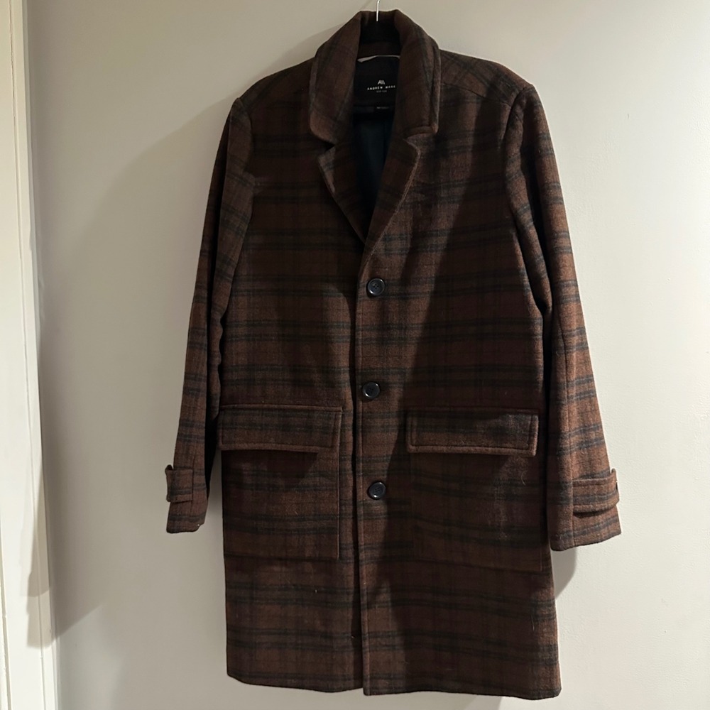 Andrew Marc‎ Bexar Overcoat Mens Size M Brown Plaid Wool Blend Long Jacket